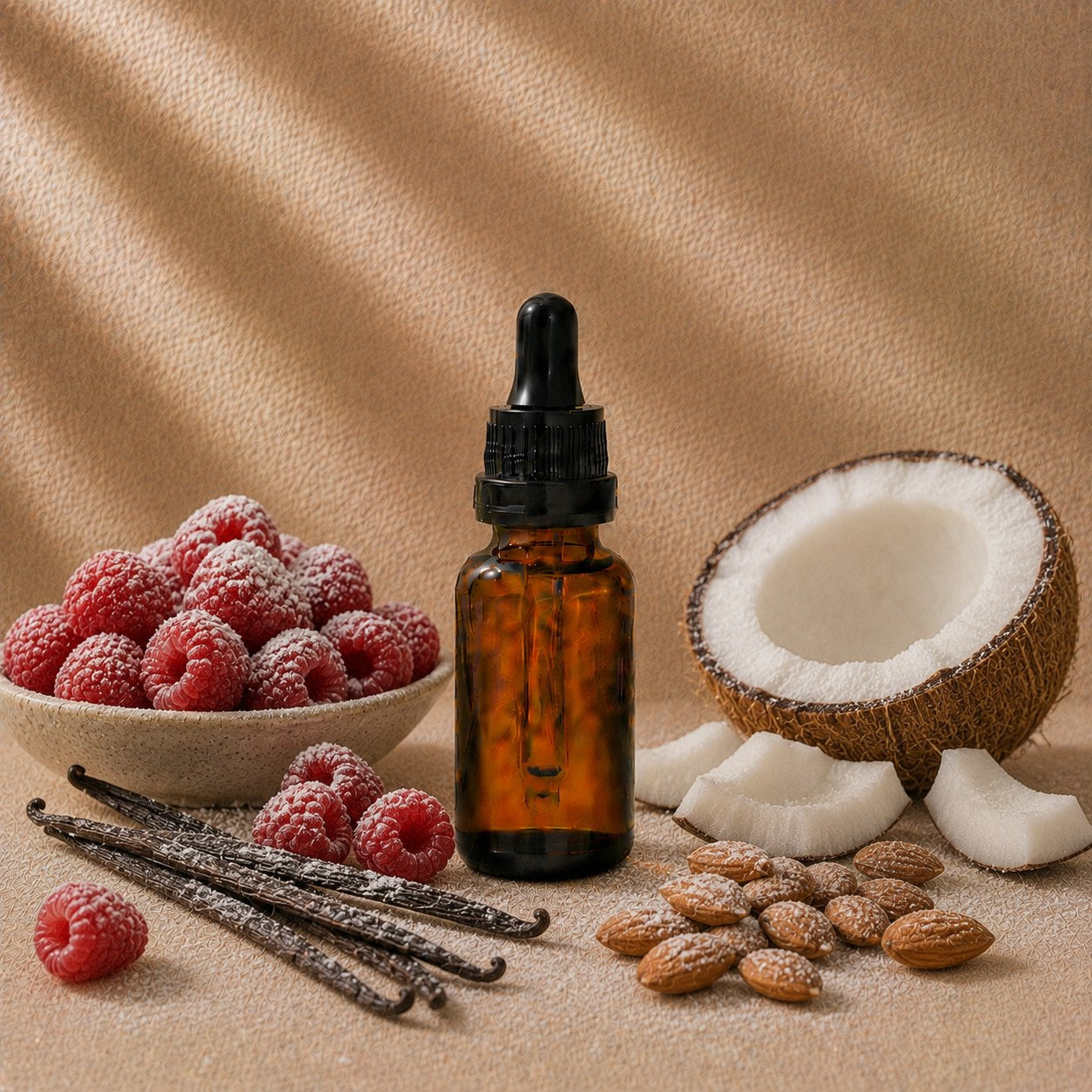Raspberry and Vanilla fragrance oil in an amber glass dropper bottle with raspberries, vanilla pods and almonds