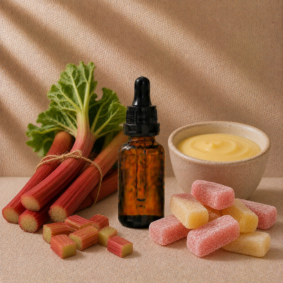 Rhubarb and Custard fragrance oil in an amber glass dropper bottle with rhubarb stalks, bowl of custard and rhubarb custard sweets