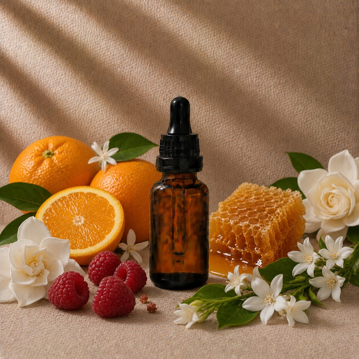 Rich Lady fragrance oil in an amber glass dropper bottle with bitter oranges, raspberries and honeycomb