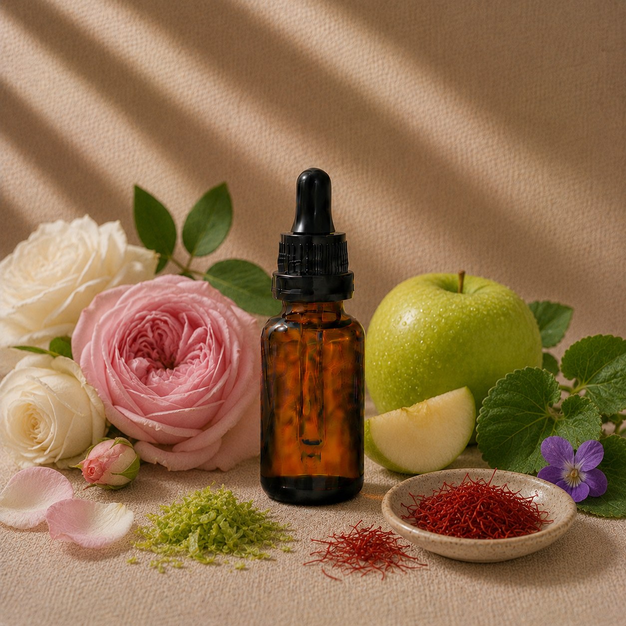Rosey Wonderland fragrance oil in an amber glass dropper bottle with roses, green apple and lime zest