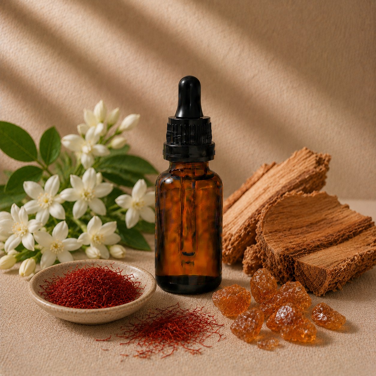 Rouge fragrance oil in an amber glass dropper bottle with saffron threads, jasmine flowers and cut cedar wood