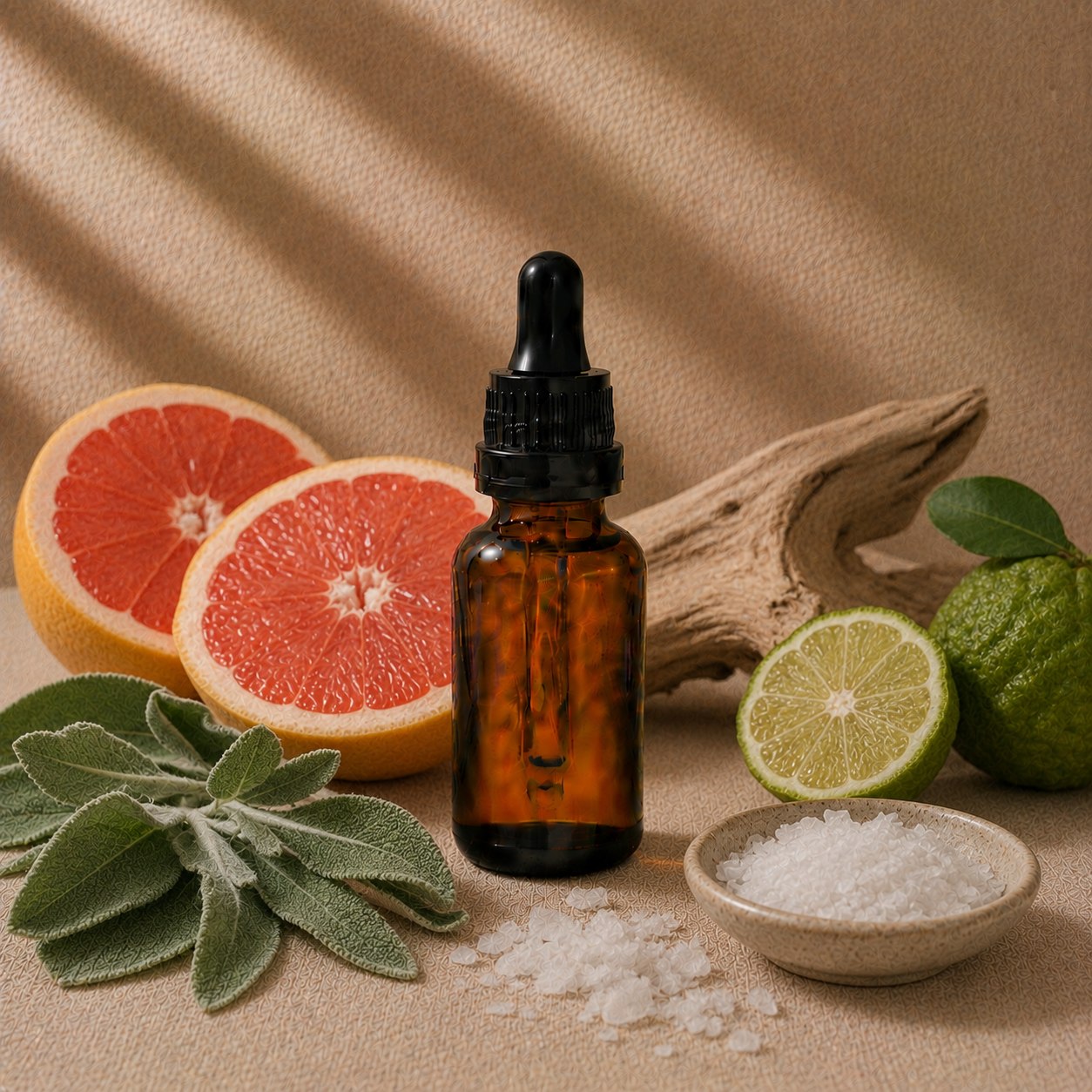 Sage and Sea Salt fragrance oil in an amber glass dropper bottle with sage leaves, sea salt flakes and grapefruit halves