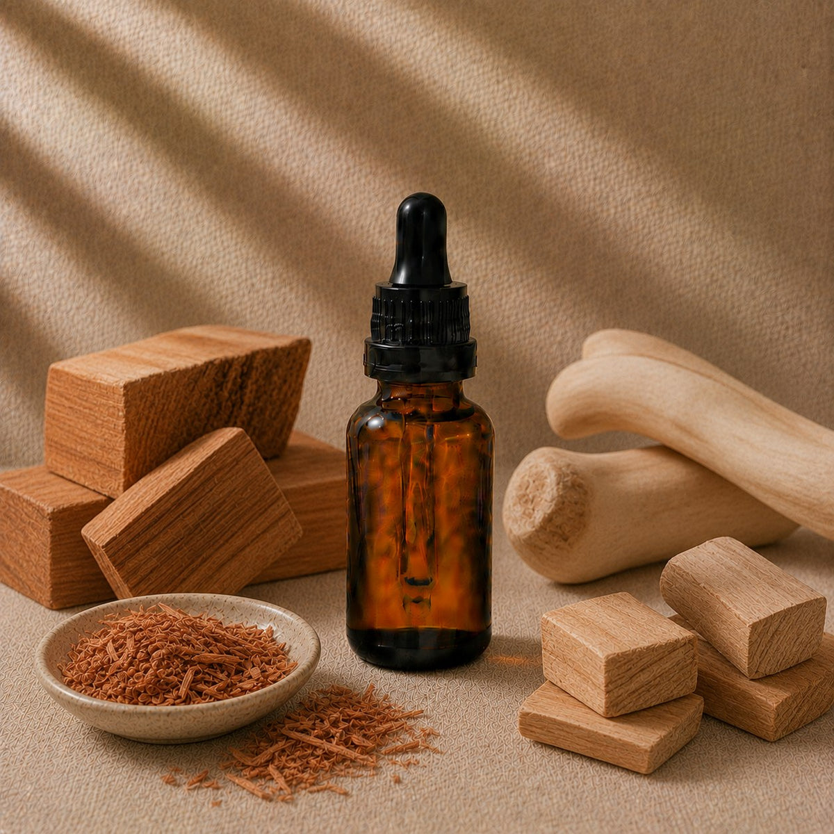 Sandalwood fragrance oil in an amber glass dropper bottle with sandalwood blocks, cedar shavings and smooth pale wood