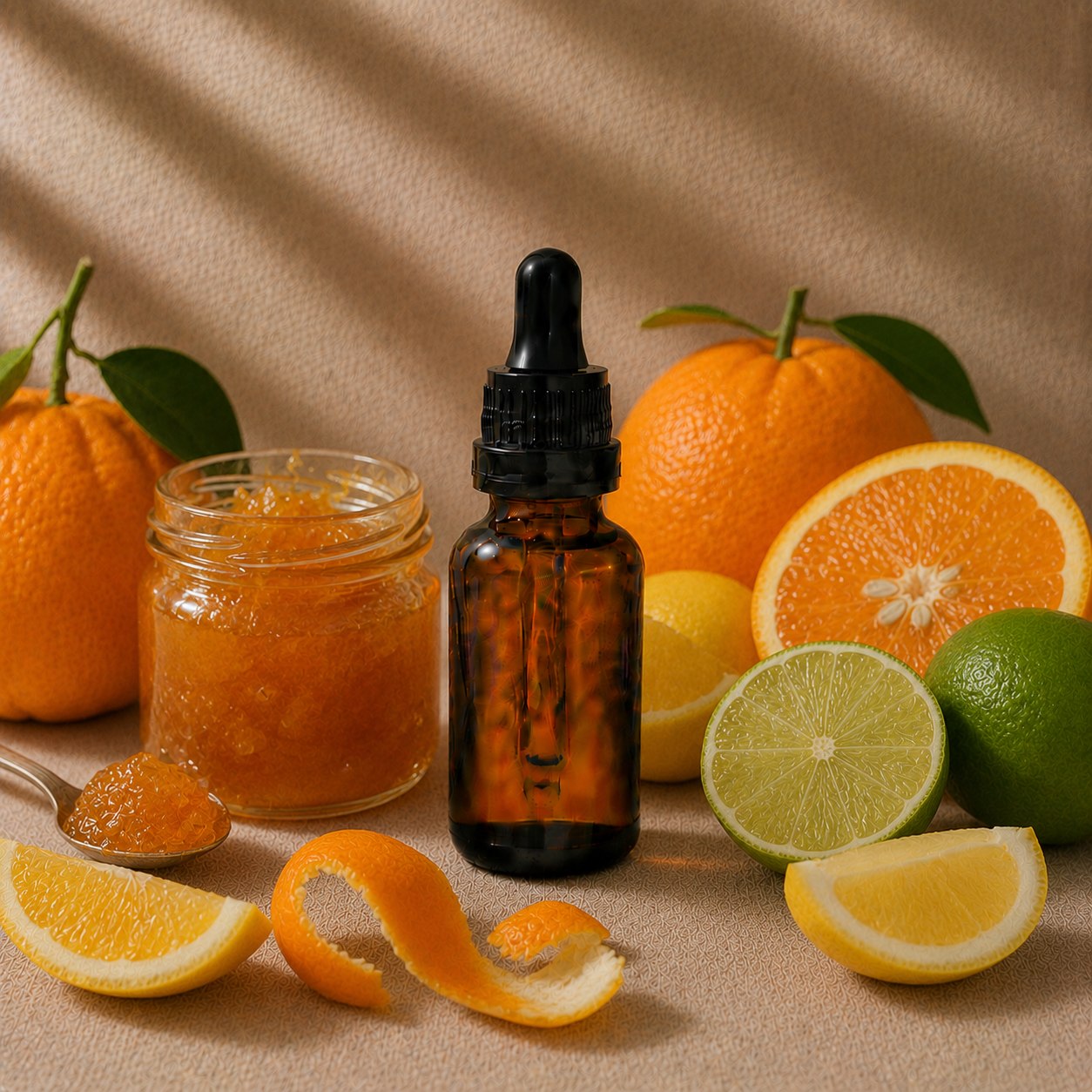 Seville Orange fragrance oil in an amber glass dropper bottle with seville oranges, limes and lemons