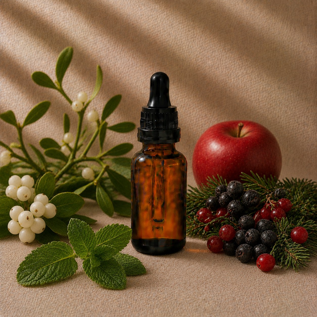 Snowberry Mistletoe fragrance oil in an amber glass dropper bottle with mistletoe sprigs, white snowberries and dark forest berries