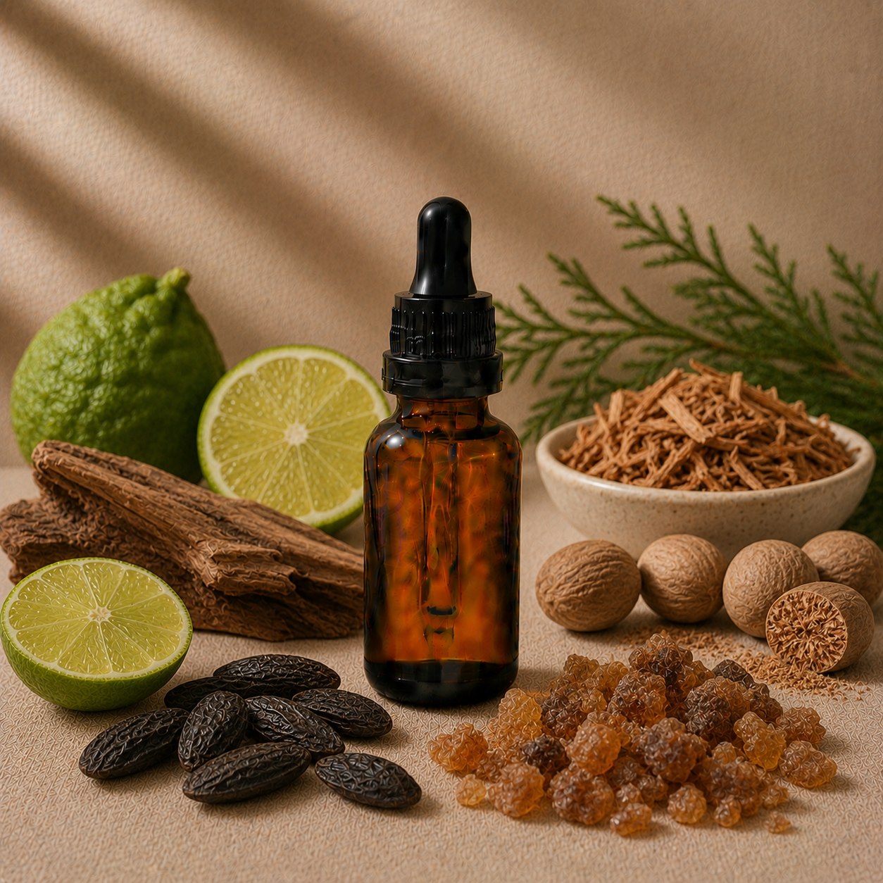 Sweet Myrrh and Tonka Bean fragrance oil in an amber glass dropper bottle with tonka beans, myrrh resin and bergamot