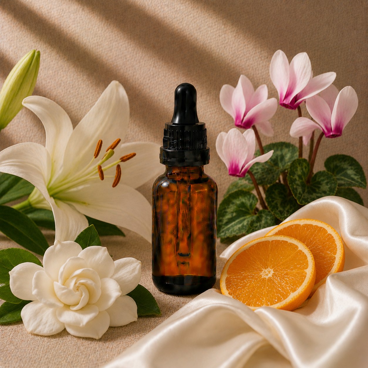 White Musk fragrance oil in an amber glass dropper bottle with white gardenia, lilies and cyclamen