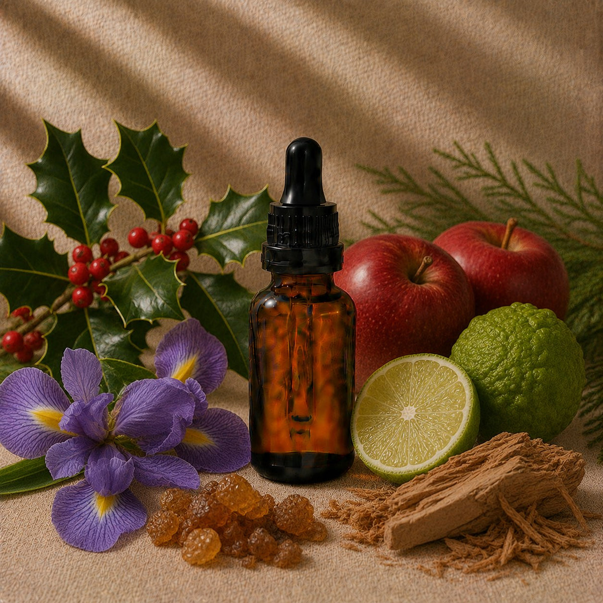 Winter fragrance oil in an amber glass dropper bottle with holly sprigs, red apples and bergamot