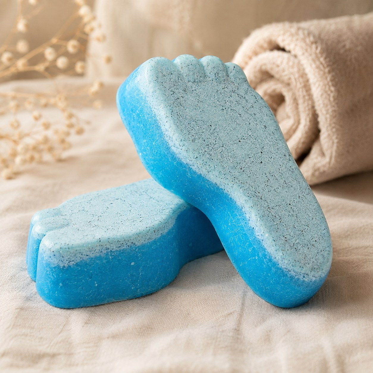 Blue foot shaped pumice exfoliating soap bars on pale linen