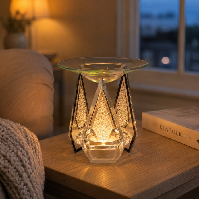 Diamond Shaped Wax Melter Oil Burner With Crystals 12cm lit in the dark