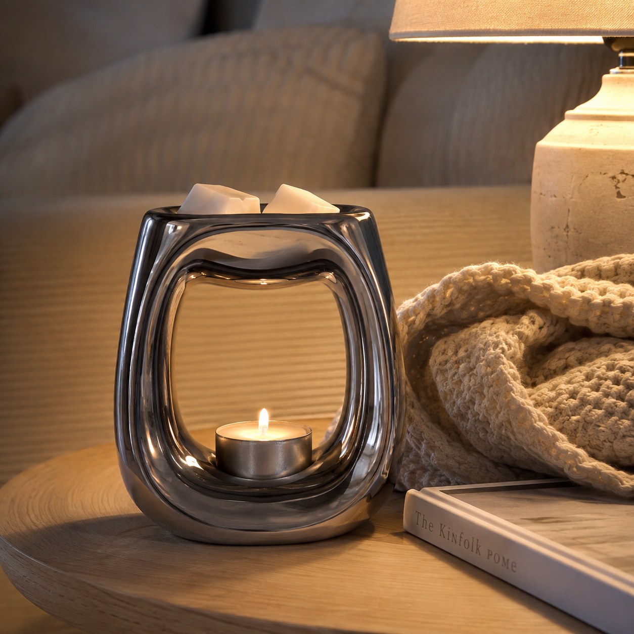 Paris ceramic wax burner in a cosy living room