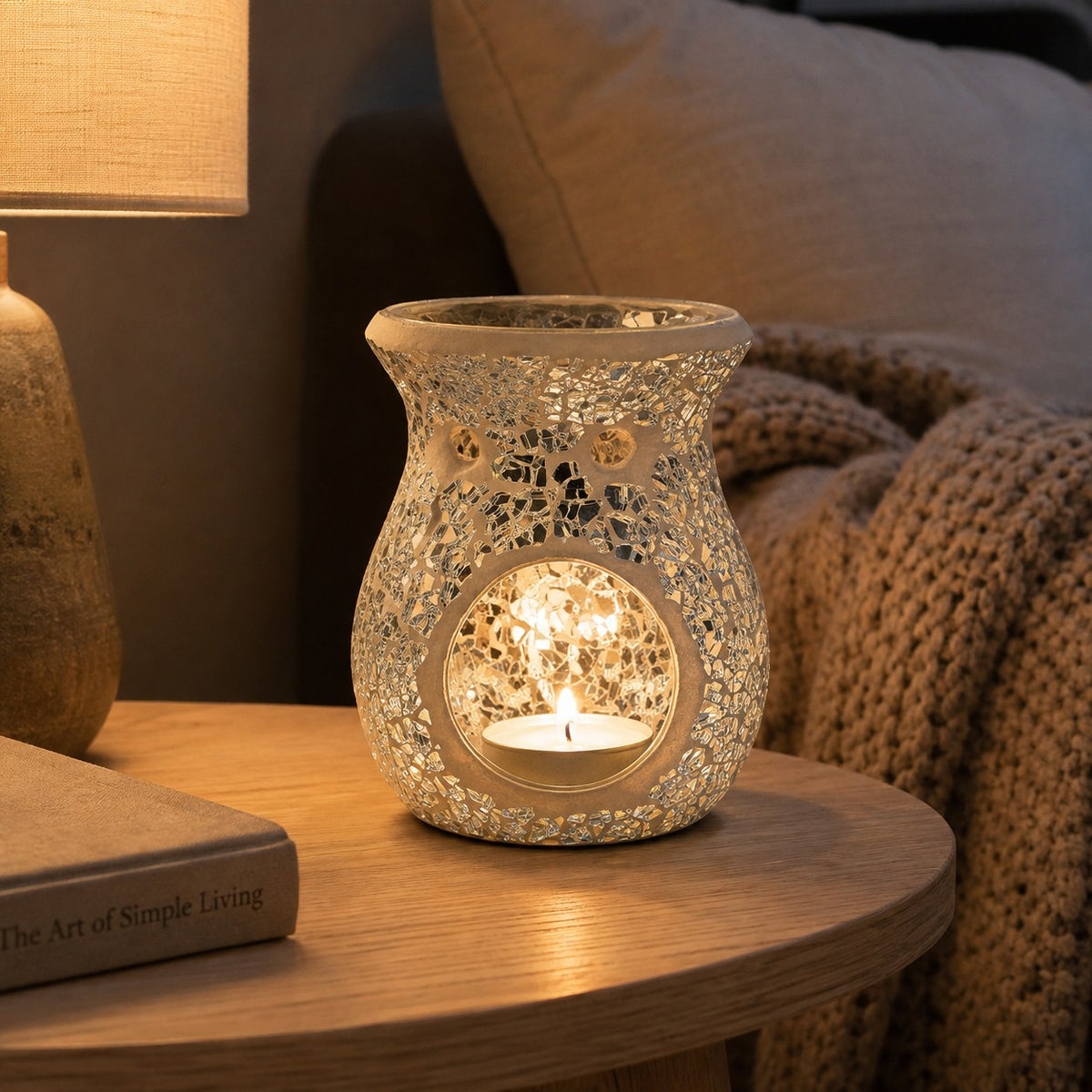 Silver crackle burner in a cosy living room