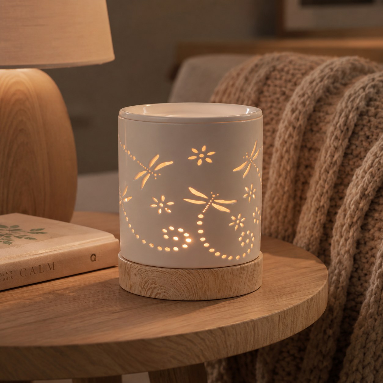 Ceramic dragonfly burner in a cosy living room