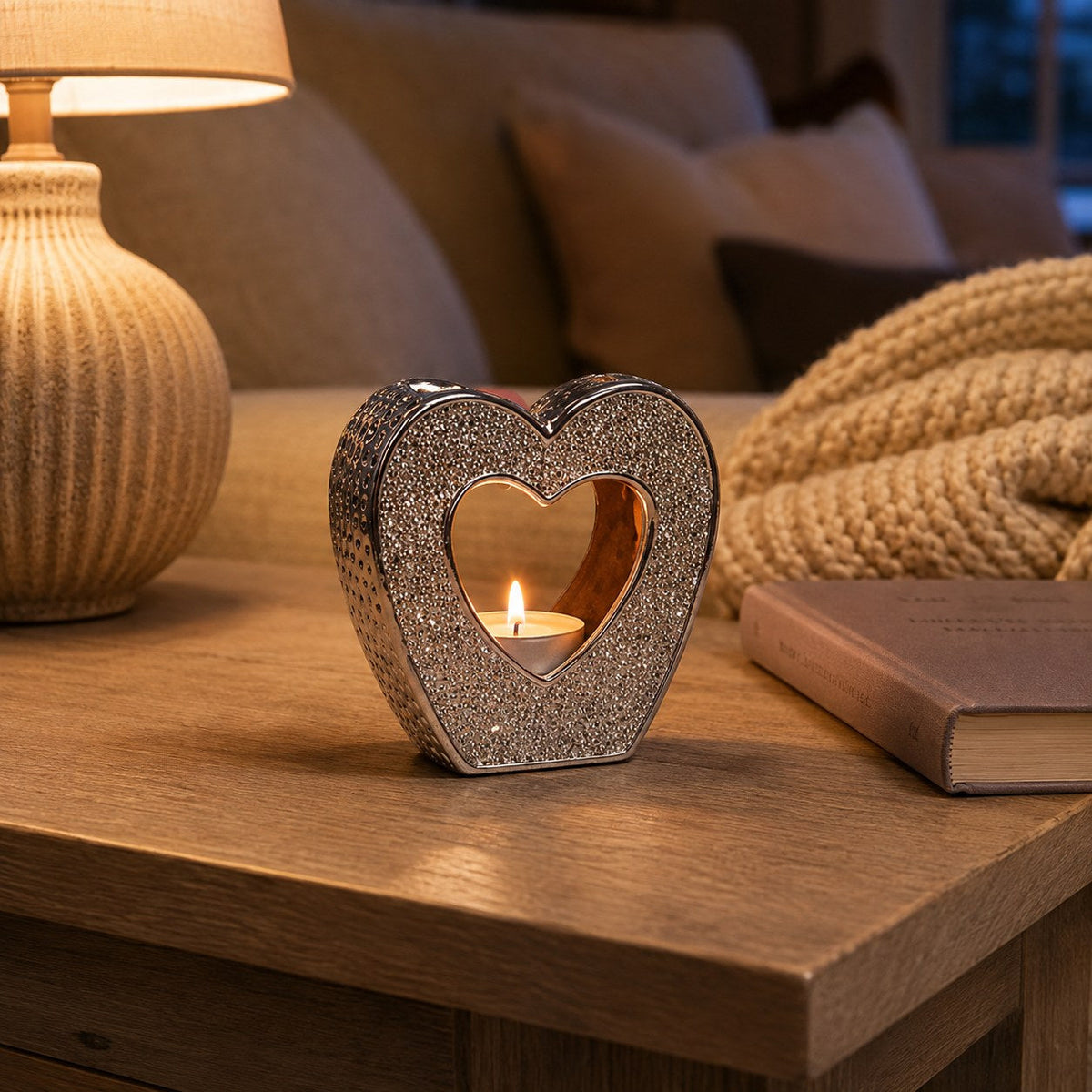 Silver crystal heart burner in a cosy living room