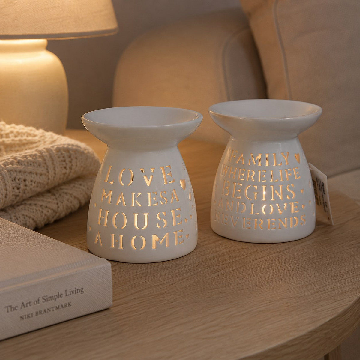 Ceramic words burner in a cosy living room