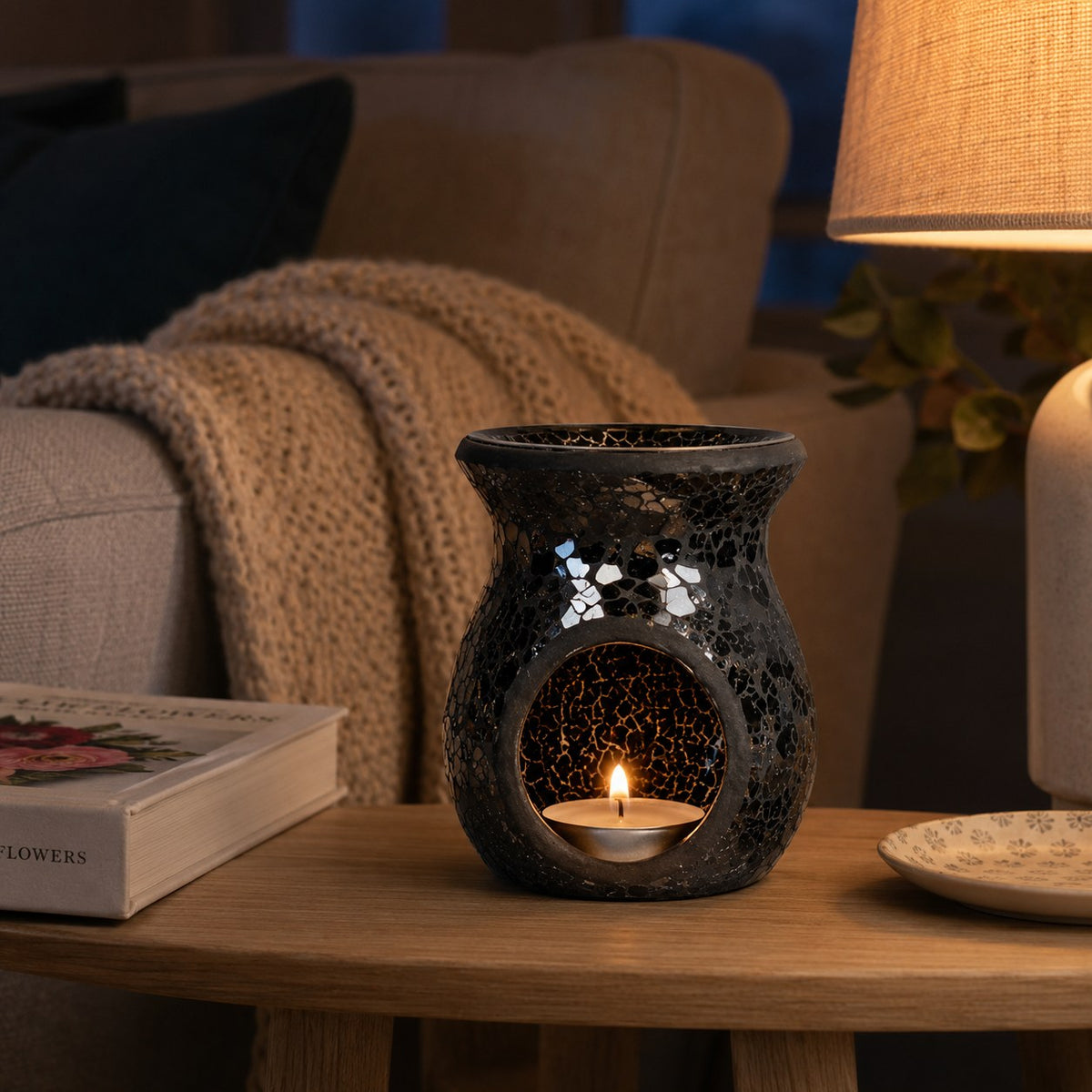 Black crackle burner in a cosy living room
