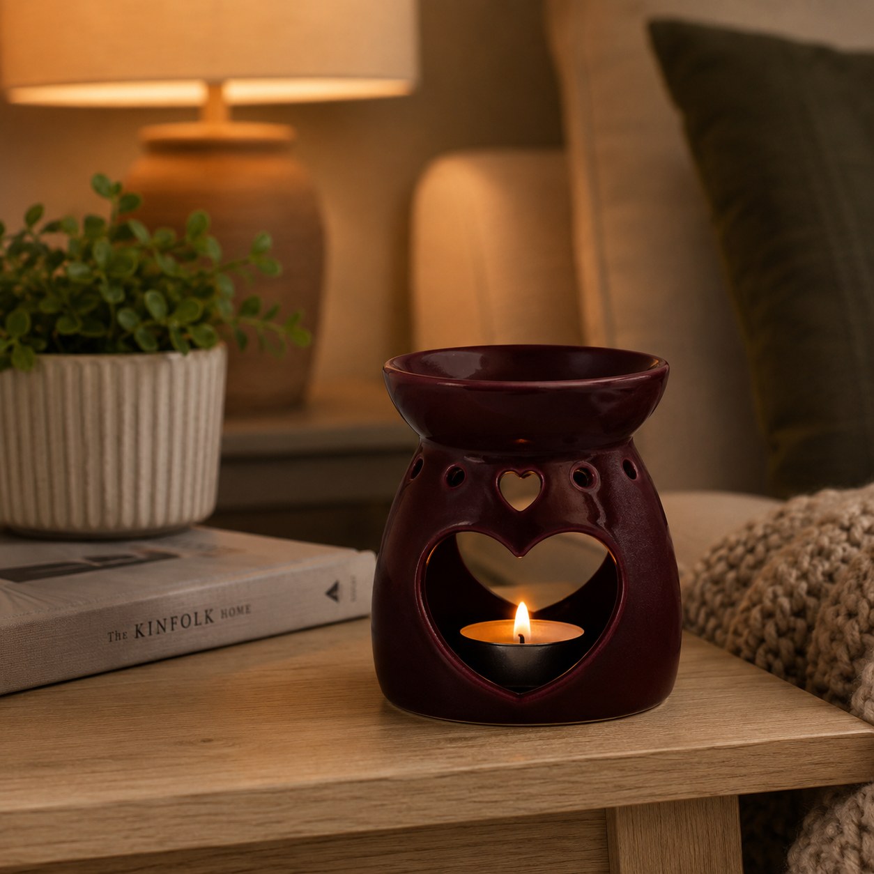 Ceramic heart burner in a cosy living room