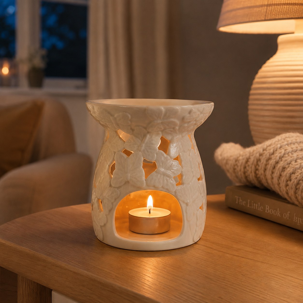 Embossed butterfly burner in a cosy living room