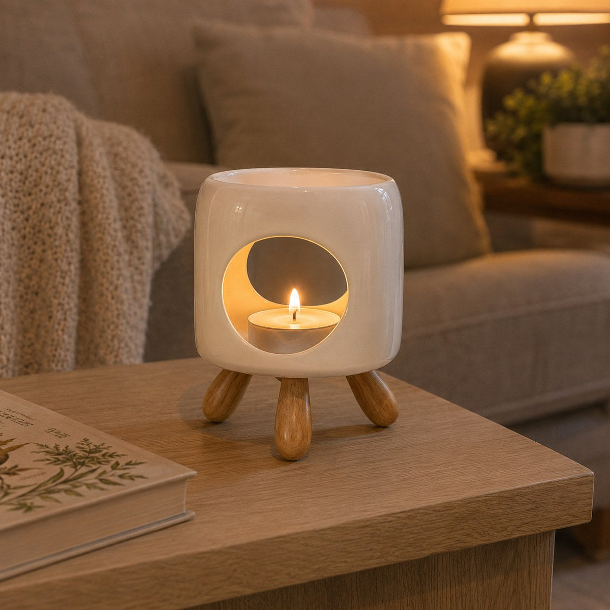 Modern oil burner with wooden legs in a cosy living room